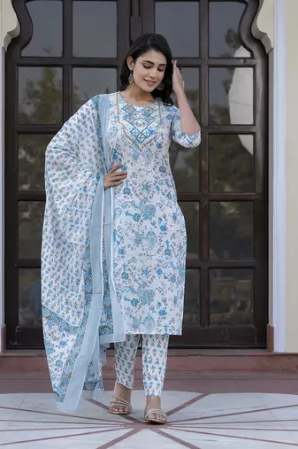 women sky blue and white zari work straight kurta bottom and dupatta set