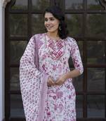 women pink and white zari work straight kurta bottom and dupatta set