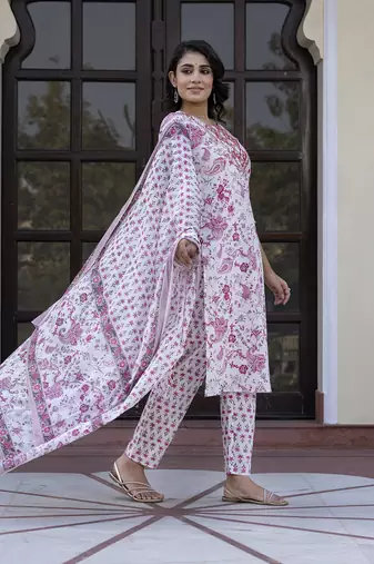women pink and white zari work straight kurta bottom and dupatta set