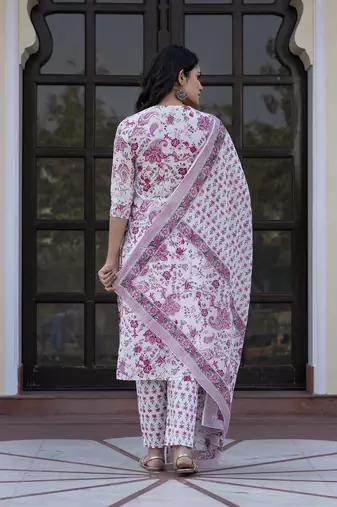 women pink and white zari work straight kurta bottom and dupatta set