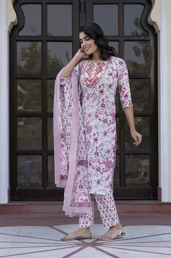 women pink and white zari work straight kurta bottom and dupatta set