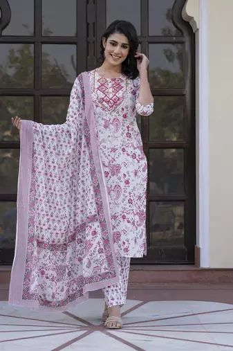 women pink and white zari work straight kurta bottom and dupatta set