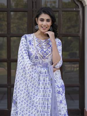 women blue and white zari work straight kurta bottom and dupatta set 1