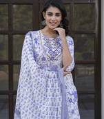 women blue and white zari work straight kurta bottom and dupatta set