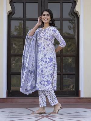 women blue and white zari work straight kurta bottom and dupatta set 2
