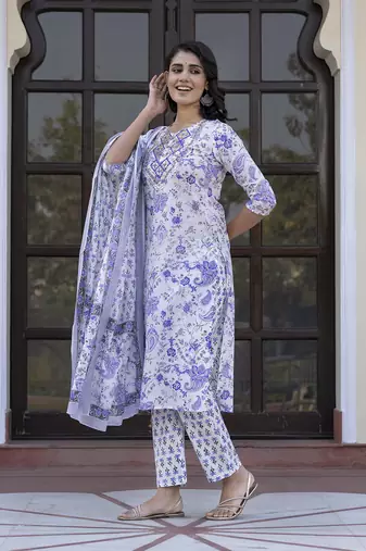 women blue and white zari work straight kurta bottom and dupatta set