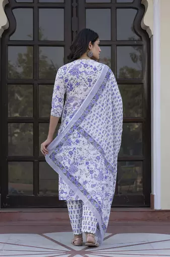 women blue and white zari work straight kurta bottom and dupatta set