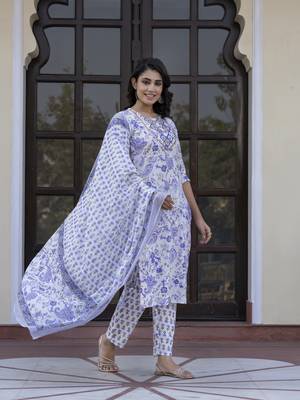 women blue and white zari work straight kurta bottom and dupatta set 4