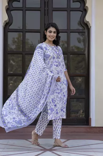women blue and white zari work straight kurta bottom and dupatta set