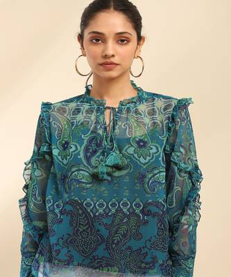 Denim blue cashmere peasant top with camisole 4