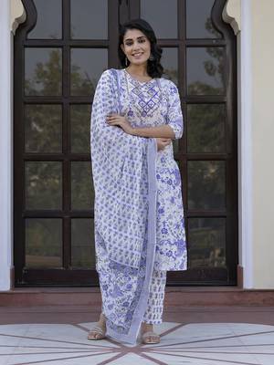 women blue and white zari work straight kurta bottom and dupatta set 5
