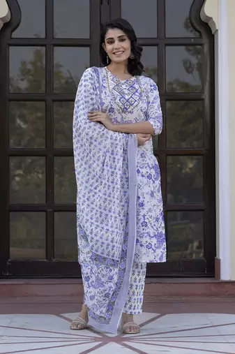 women blue and white zari work straight kurta bottom and dupatta set