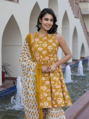 women mustard yellow floral print anarkali kurta bottom and dupatta set 1