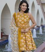 women mustard yellow floral print anarkali kurta bottom and dupatta set