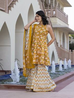 women mustard yellow floral print anarkali kurta bottom and dupatta set 2