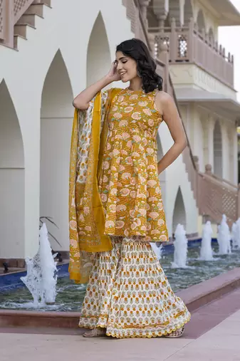 women mustard yellow floral print anarkali kurta bottom and dupatta set