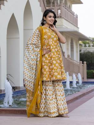 women mustard yellow floral print anarkali kurta bottom and dupatta set 4
