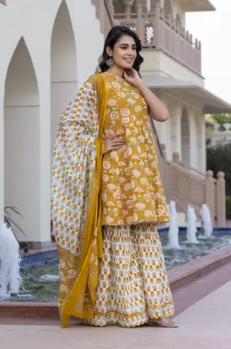women mustard yellow floral print anarkali kurta bottom and dupatta set