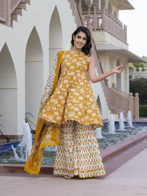 women mustard yellow floral print anarkali kurta bottom and dupatta set 5