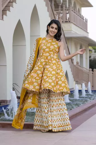 women mustard yellow floral print anarkali kurta bottom and dupatta set