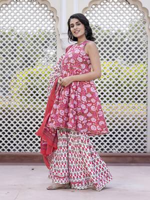 women pink floral print anarkali kurta bottom and dupatta set 1