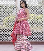 women pink floral print anarkali kurta bottom and dupatta set