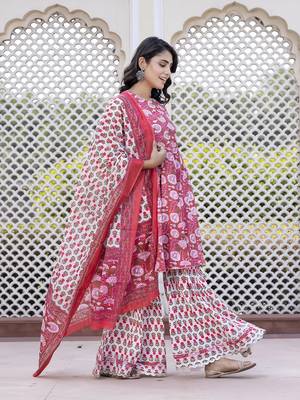 women pink floral print anarkali kurta bottom and dupatta set 2