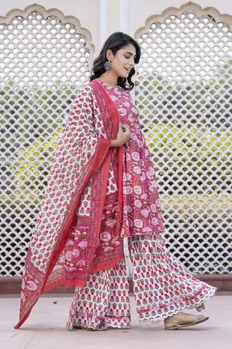 women pink floral print anarkali kurta bottom and dupatta set