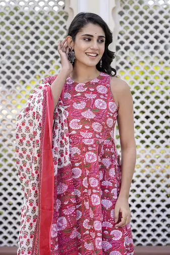 women pink floral print anarkali kurta bottom and dupatta set