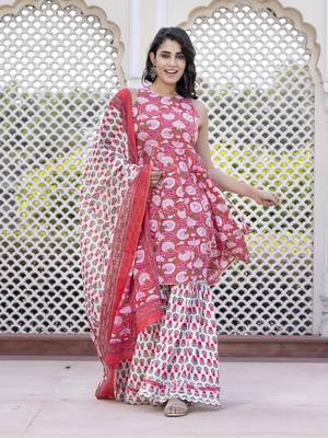 women pink floral print anarkali kurta bottom and dupatta set 5
