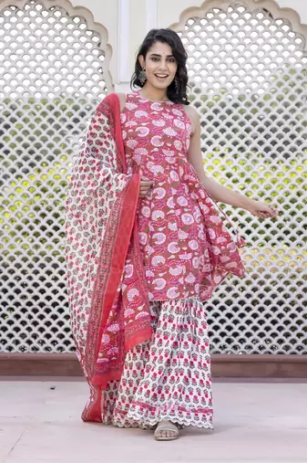 women pink floral print anarkali kurta bottom and dupatta set