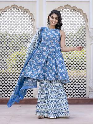 women blue floral print anarkali kurta bottom and dupatta set 1