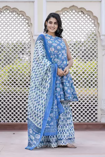 women blue floral print anarkali kurta bottom and dupatta set