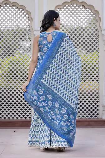 women blue floral print anarkali kurta bottom and dupatta set