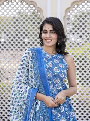 women blue floral print anarkali kurta bottom and dupatta set 4