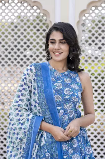 women blue floral print anarkali kurta bottom and dupatta set