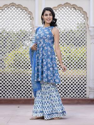 women blue floral print anarkali kurta bottom and dupatta set 5
