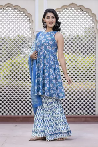 women blue floral print anarkali kurta bottom and dupatta set