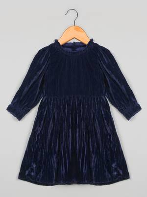 Saka designs navy blue poly velvet solid dress for girls 1