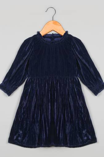 Saka designs navy blue poly velvet solid dress for girls