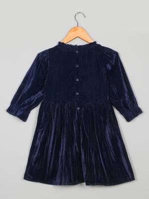 Saka designs navy blue poly velvet solid dress for girls 2
