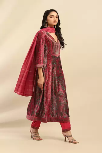 Deep pink aaira velvet anarkali kurta with churidar and dupatta