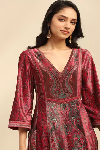 Deep pink aaira velvet anarkali kurta with churidar and dupatta