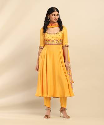 Yellow tanishqa solid anarkali kurta with pant and dupatta 1