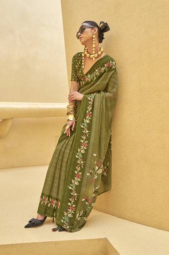 Dark olive green printed georgette contemporary saree