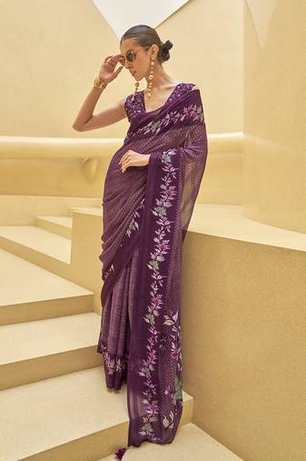 Dark purple printed georgette contemporary saree