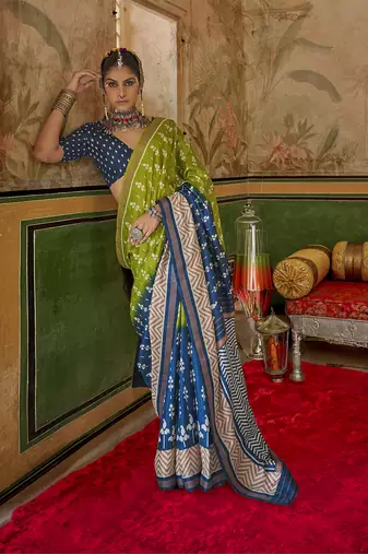 Green & navy blue mercerized sigma silk saree with aqua finish