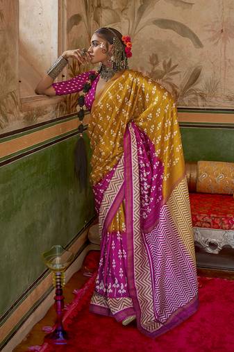 Mustard & magenta sigma art silk saree with aqua finish