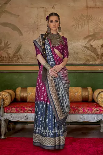 Magenta & navy blue mercerized sigma silk blend saree with aqua finish