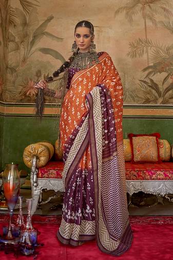 Orange & plum mercerized sigma silk saree with aqua finish